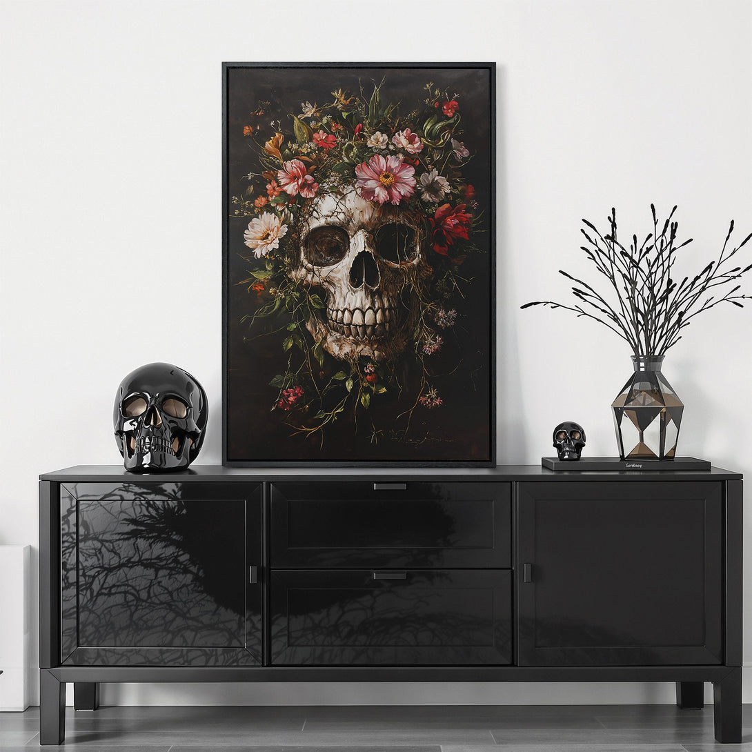 Framed Wall Art featuring a skull with floral crown. Dark, gothic aesthetic with a moody color palette of black, red, and cream. Perfect for unique home decor.