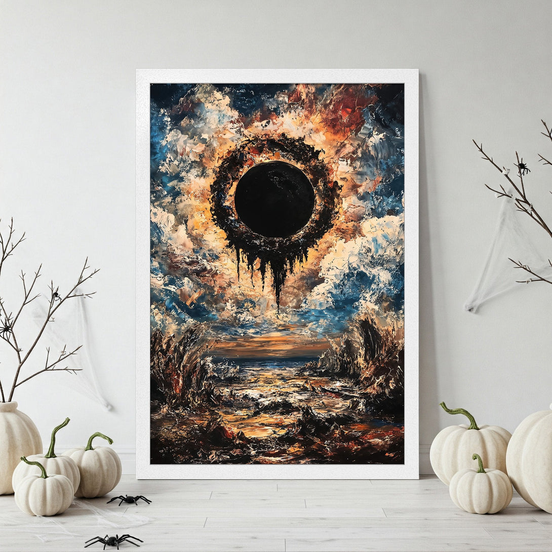 Framed Poster featuring a dark, abstract landscape with a black sun and a dramatic, painterly style in a warm color palette.