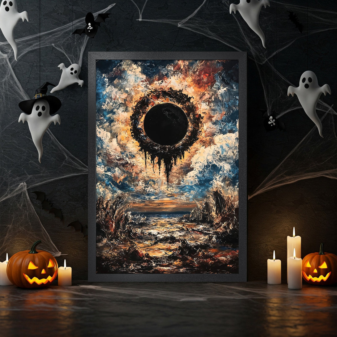 Framed Poster: Abstract Halloween art in dark, moody colors. Dramatic painting with black, orange, and blue palette. Perfect for spooky decor.