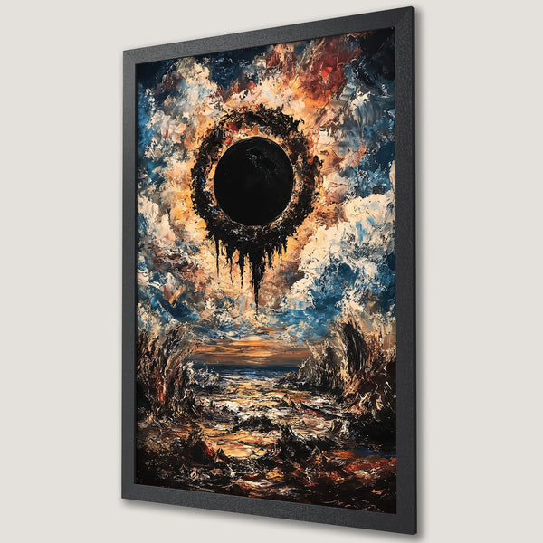 Framed Poster of abstract art with dark circle, dramatic sky, and landscape in a palette of blues, oranges, and blacks.