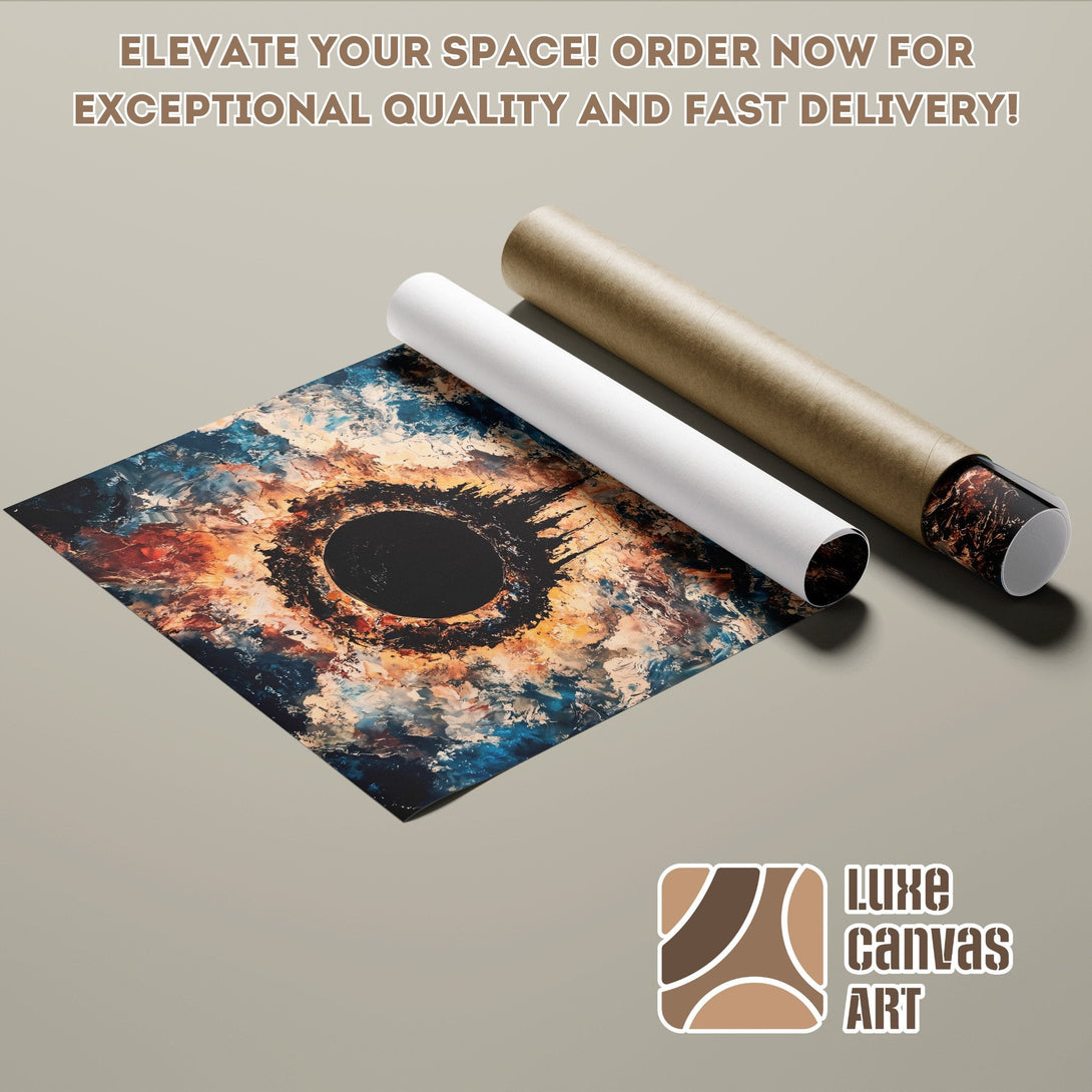 Abstract art poster roll with blue, orange, and black color palette. Elevate your space! Order now!