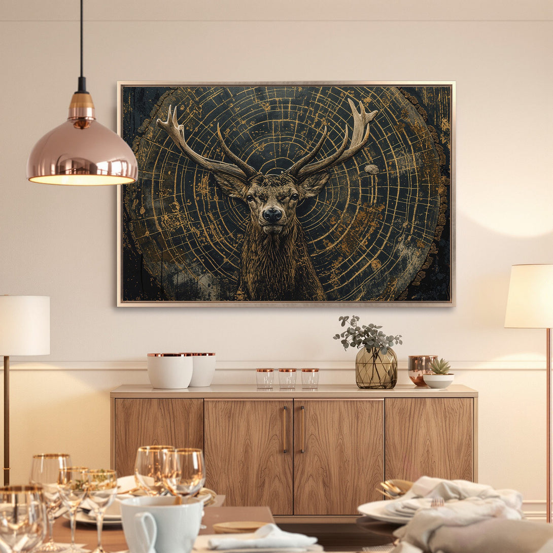 Framed Wall Art: Majestic stag canvas print in a rustic style with a dark, gold, and brown color palette. Perfect for your home decor!