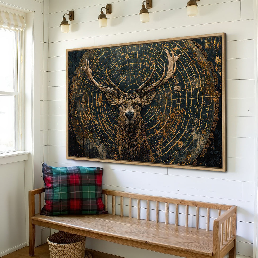Framed Wall Art: Majestic stag canvas print in rustic style with a dark blue and gold color palette, perfect for farmhouse decor.