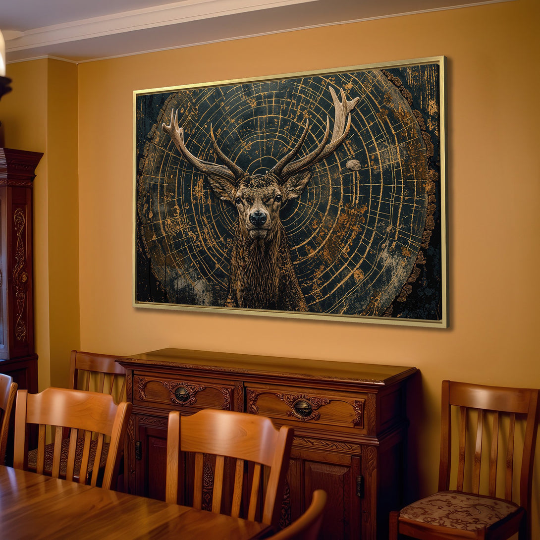 Canvas Print: Majestic stag art in a rustic, dark wood style. Earthy tones of brown, gold, and black create a warm, inviting interior design.