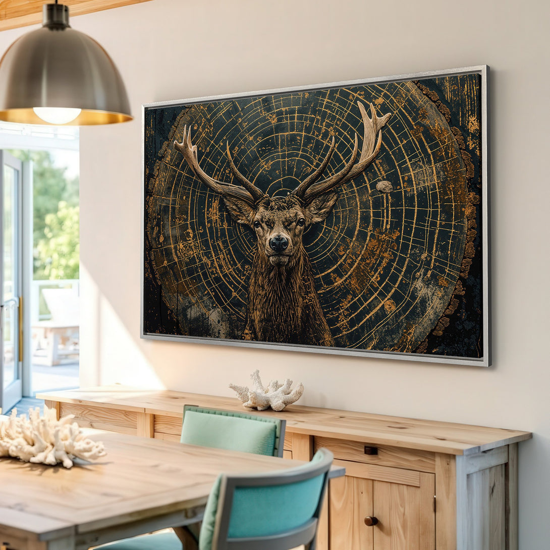 Framed Wall Art featuring a majestic stag. Rustic style with a dark teal and gold color palette, perfect for adding a touch of nature to your home.