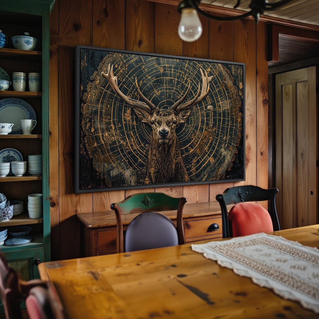Framed Wall Art: Majestic deer canvas print in rustic style. Earthy tones of brown, gold, and black create a warm, inviting interior. Elevate your space!