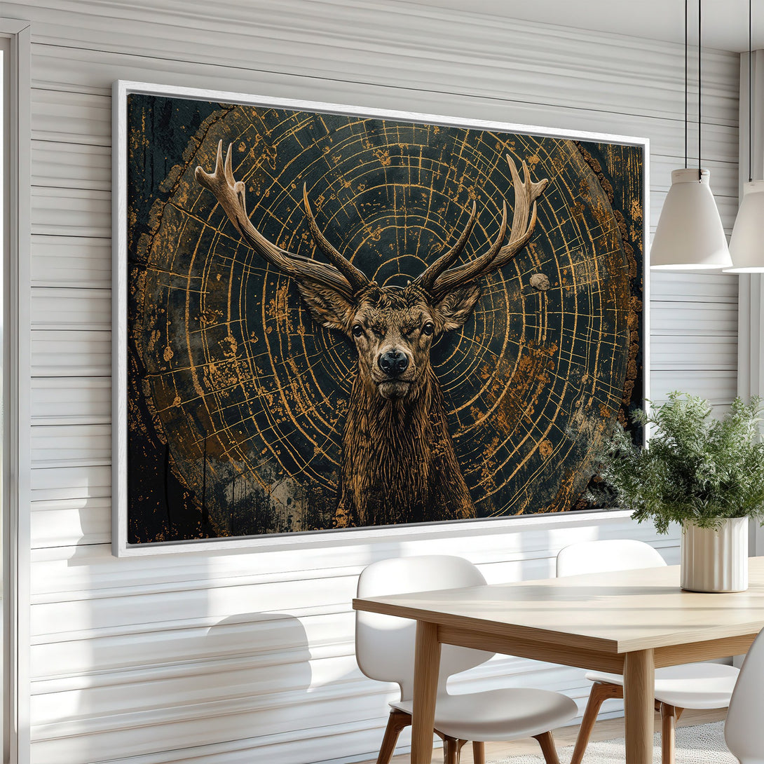 Framed Wall Art: Majestic stag portrait in dark, earthy tones. Rustic style Canvas Print with a striking black, brown, and gold color palette. Perfect for any home!