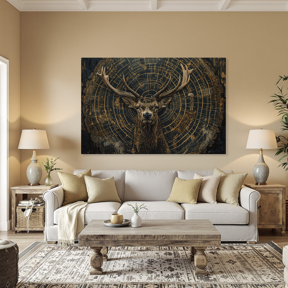 Framed Wall Art: Majestic stag canvas print in a rustic style with a dark blue and gold color palette, perfect for adding a touch of nature to any space.