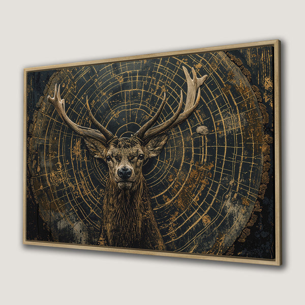 Framed Wall Art: Majestic stag portrait in a rustic style, featuring a dark, gold, and brown color palette. Perfect for adding a touch of nature to your home decor.