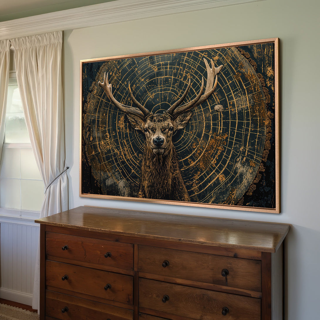 Framed Wall Art: Majestic stag Canvas Print with a dark, textured background and gold accents. Rustic style, perfect for adding a touch of nature to your home.