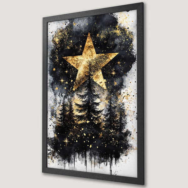 Framed Poster featuring a golden star and trees in a black, white, and gold abstract style. Perfect wall art!