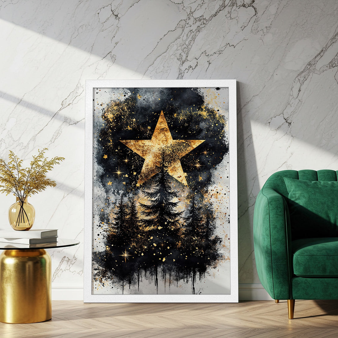 Framed Poster featuring a golden star over a forest, in a watercolor style with a black, gold, and white color palette. Perfect wall art!