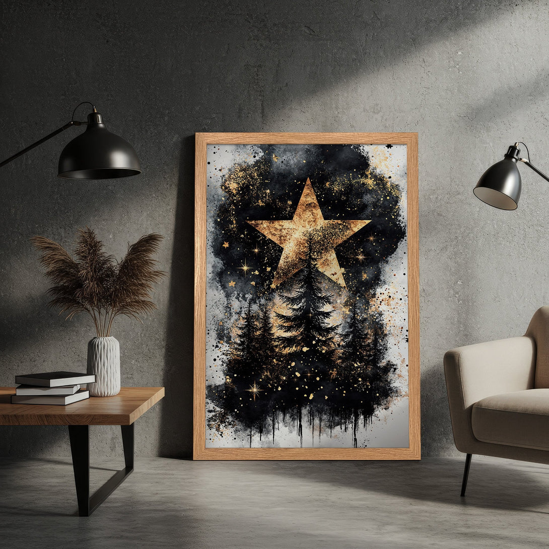 Framed Poster featuring a golden star & trees, abstract style with black, gold, and white color palette. Perfect wall art for any space.