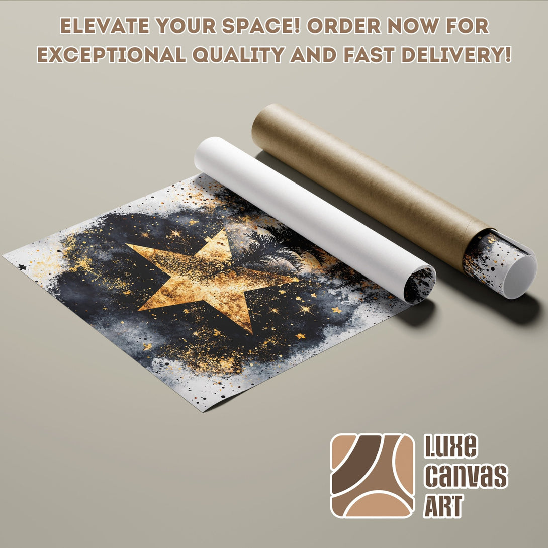Poster Roll featuring a gold star design on a black and white abstract background. Modern art style, neutral color palette. Order now!