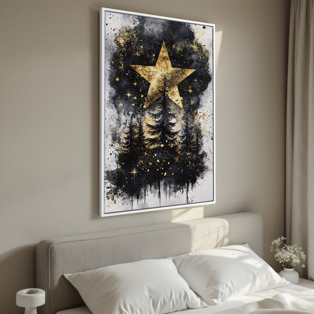 Framed Wall Art: Abstract gold star and trees on black and white canvas. Modern art print with a neutral color palette. Perfect for bedroom decor.