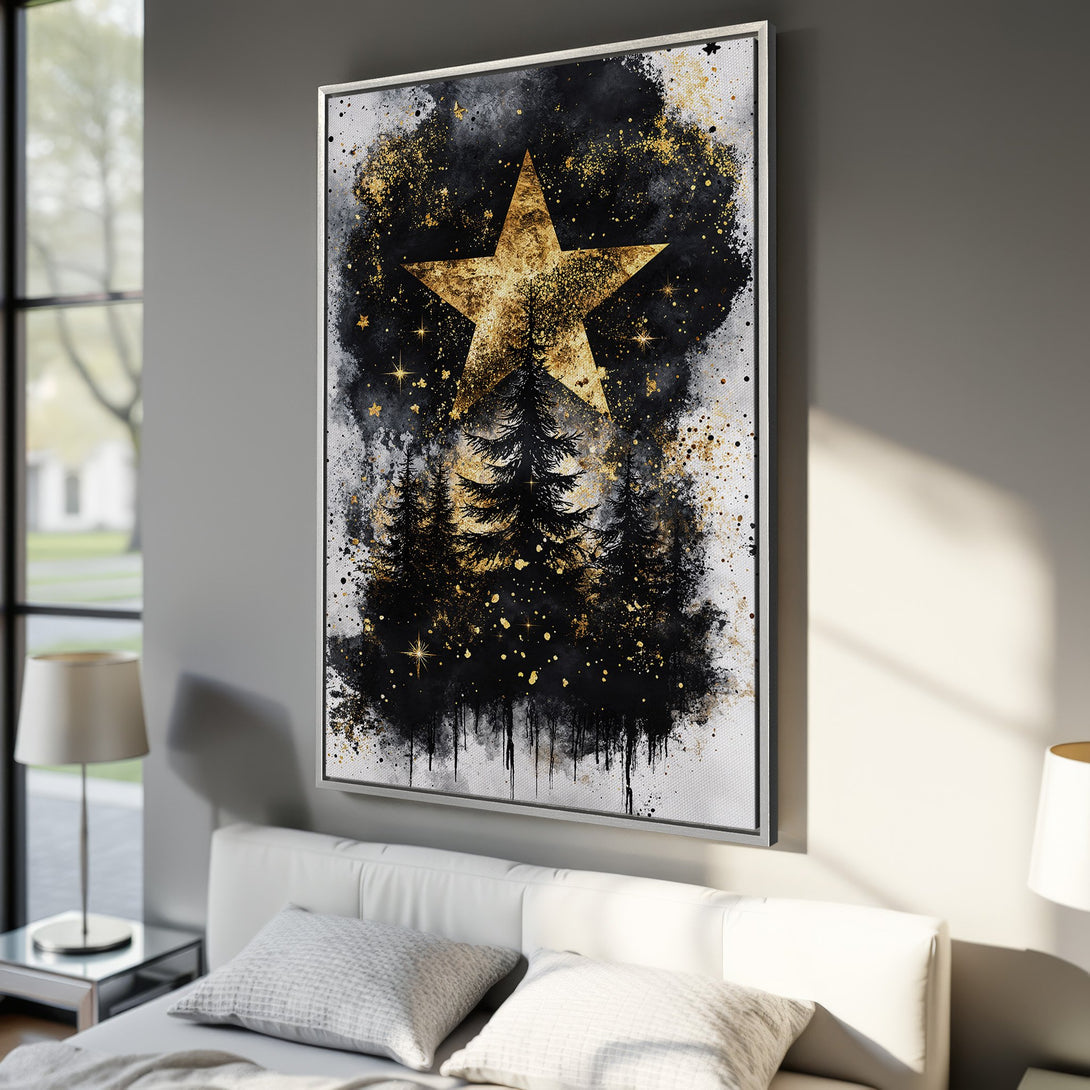 Framed Wall Art: Abstract gold star and forest design on canvas. Modern black, white, and gold color palette. Perfect for bedroom decor.