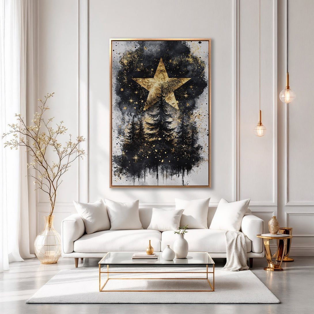Framed Wall Art: Abstract star & forest scene in gold, black, & white. Modern canvas art for living room decor. Shop stunning wall art today!