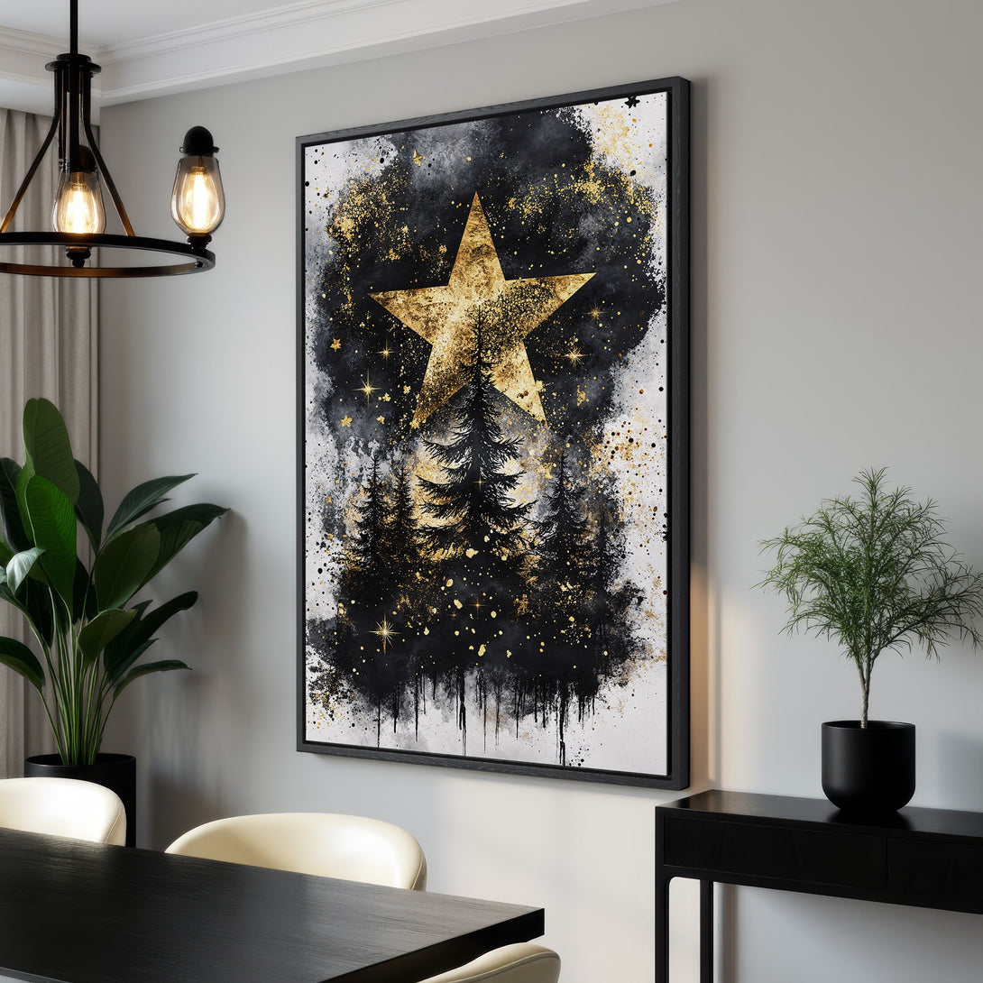 Framed Wall Art: Abstract star and forest design in black, white, and gold. Modern canvas print perfect for living room or bedroom decor.