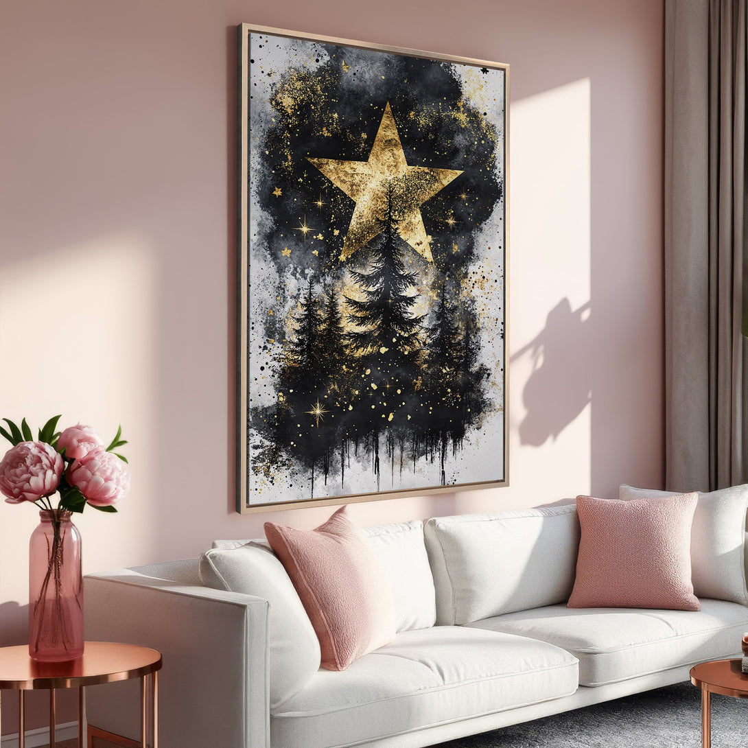 Framed Wall Art: Abstract star and forest design in black, gold, and gray. Modern art canvas print with a touch of elegance for your home decor.