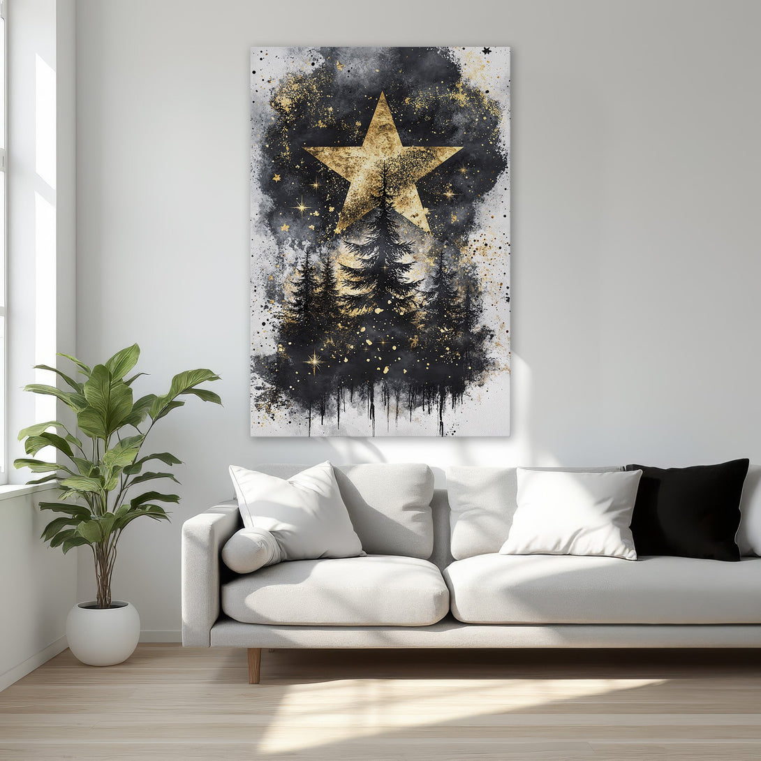 Framed Wall Art: Abstract star and forest design in black and gold. Modern canvas print perfect for bedroom decor. Adds a touch of luxury!