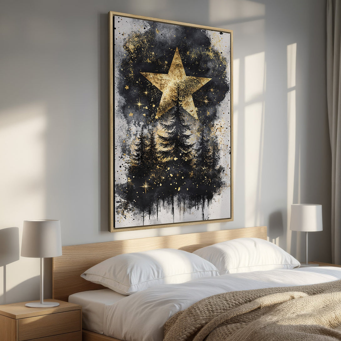 Framed Wall Art: Abstract star and forest art in black, gold, and white. Modern canvas print adds elegance to any bedroom decor. Shop now!