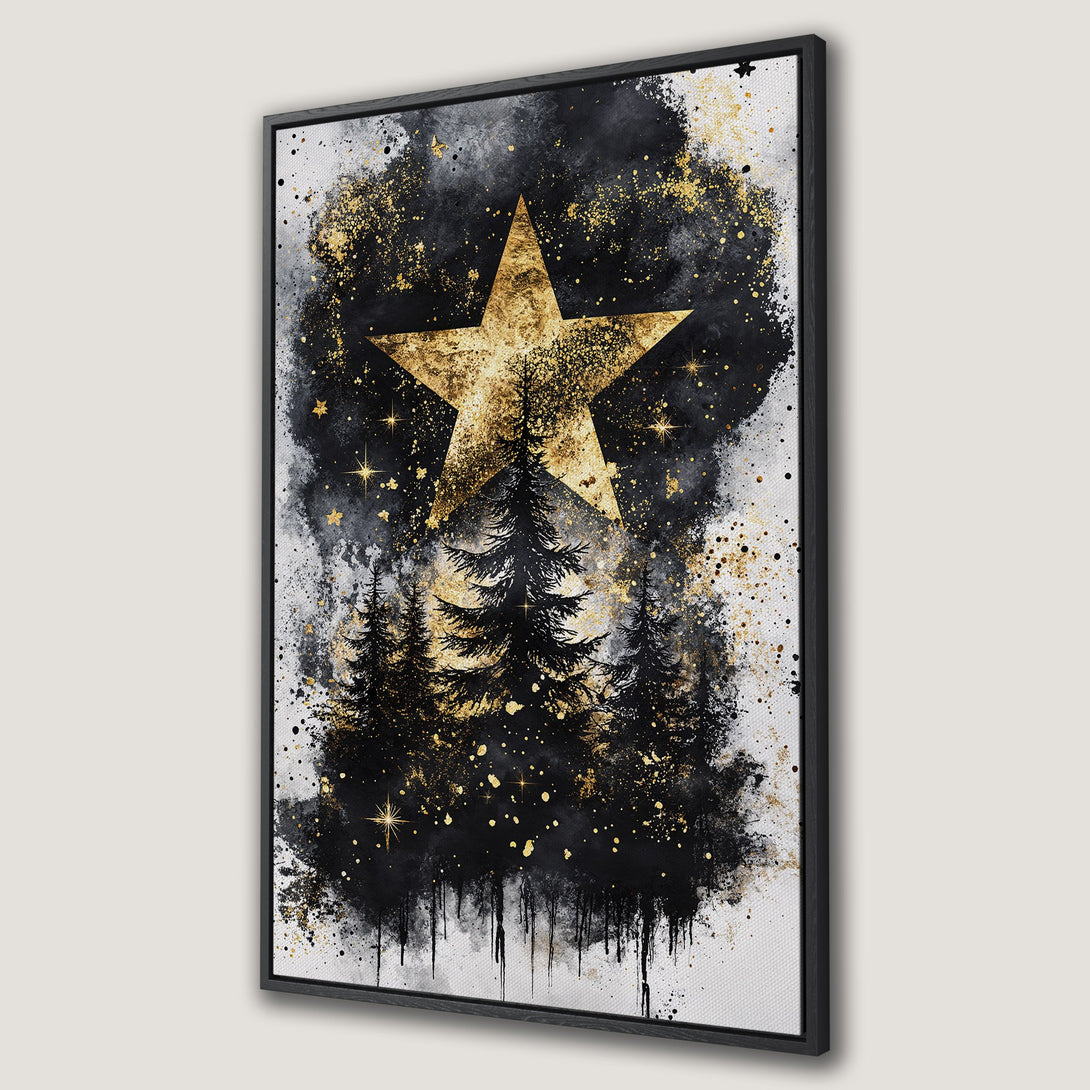 Framed Wall Art: Abstract star and tree canvas print in black, gold, and white. Modern art for a stylish home. Shop now for unique wall decor!