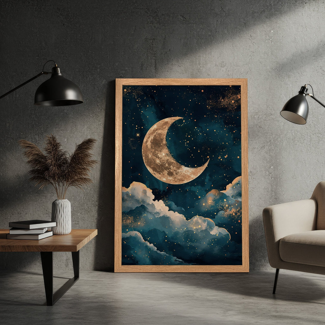 Framed Poster featuring a crescent moon and clouds in a celestial style with a teal and gold color palette. Perfect for home decor!