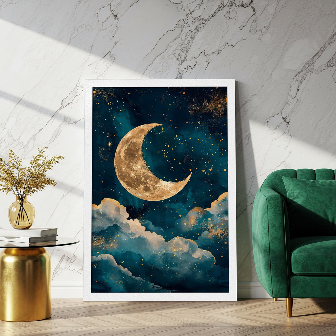 Framed Poster featuring a celestial moon and cloudscape in teal, gold, and white. Perfect art for your home!