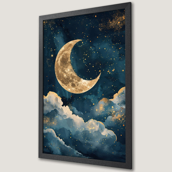 Framed Poster featuring a celestial night scene with a golden moon, clouds, and stars. Artistic style with a blue and gold color palette.