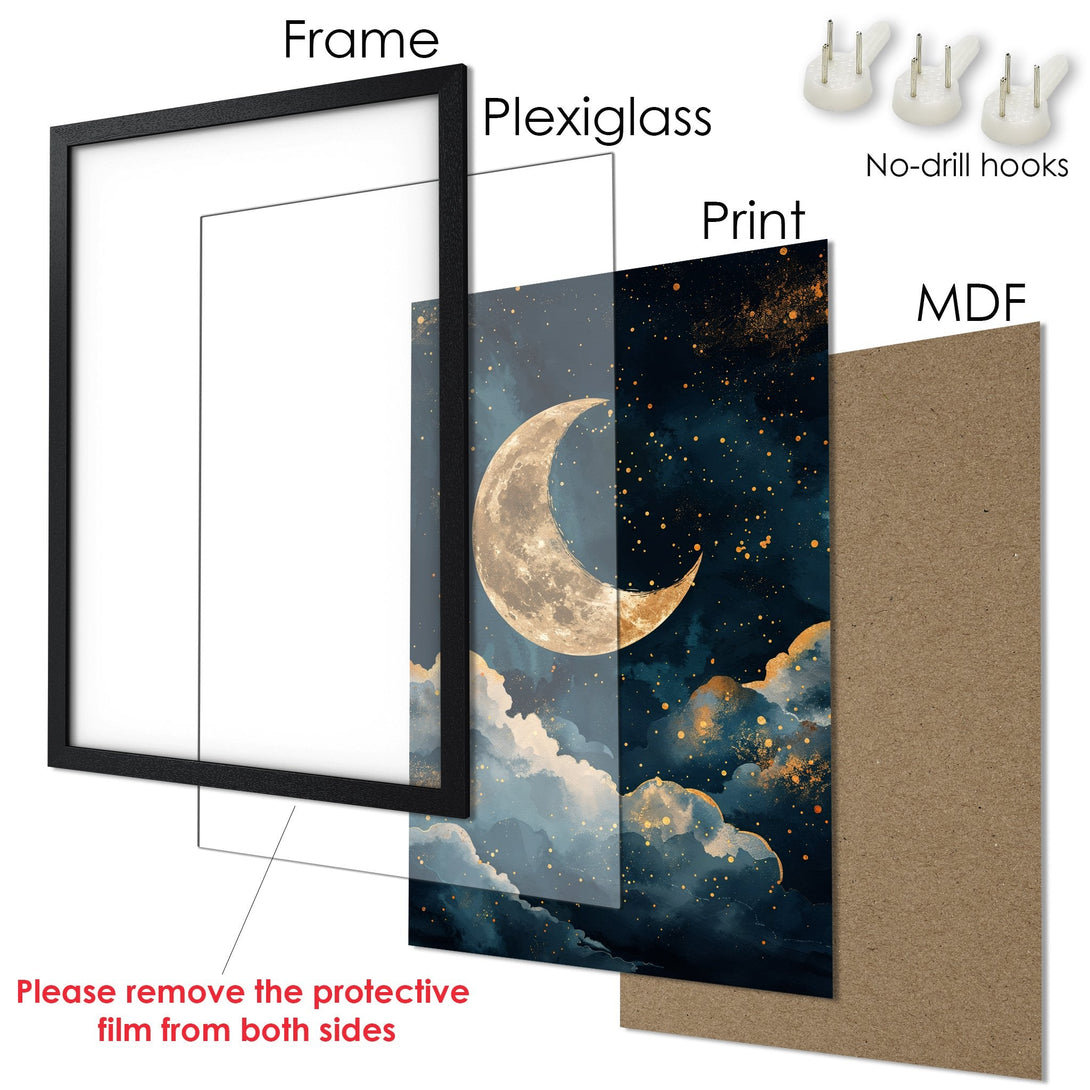 Framed Poster featuring a celestial moon and clouds in a watercolor style, with a blue and gold color palette. Perfect wall art!
