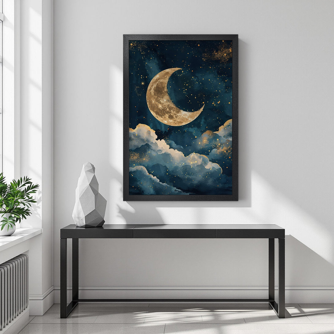 Framed Poster featuring a celestial moon and clouds in a watercolor style with a teal and gold color palette. Perfect wall art!