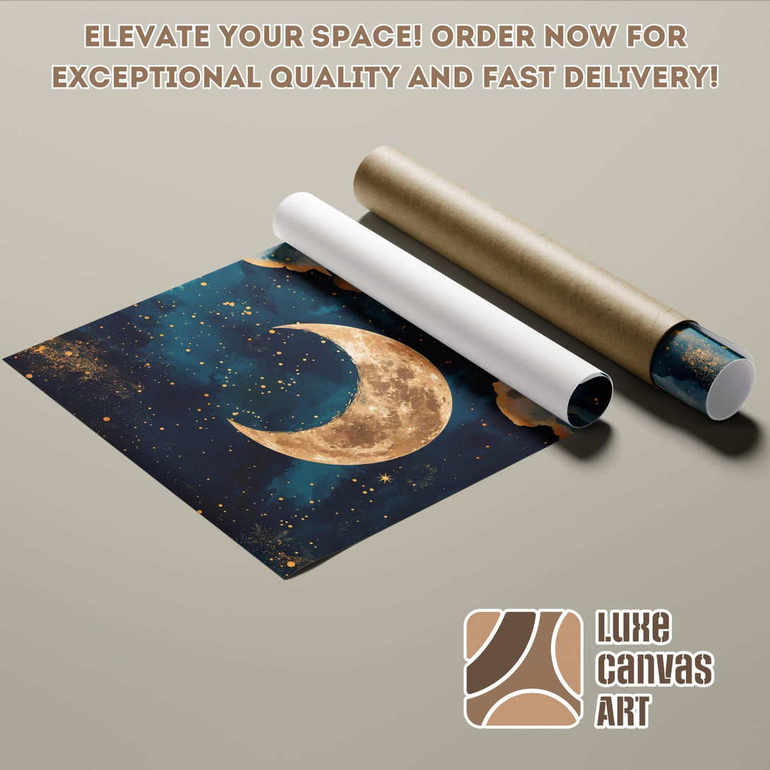 Poster Roll featuring a celestial moon design in a watercolor style with a blue and gold color palette. Elevate your space!