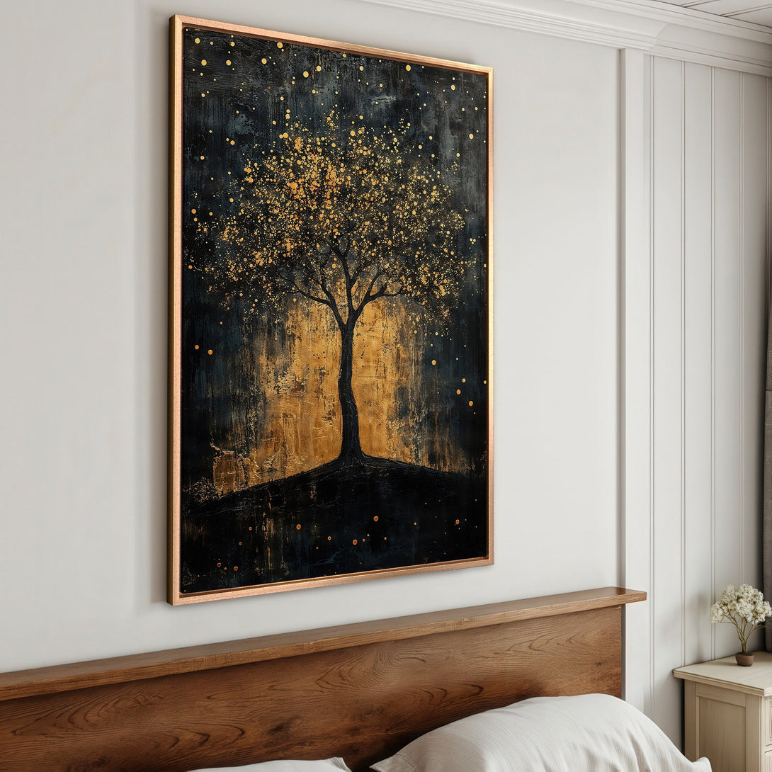 Framed Wall Art: Abstract tree art in gold and black. Modern Canvas Print with a dark, moody aesthetic, perfect for bedroom decor.