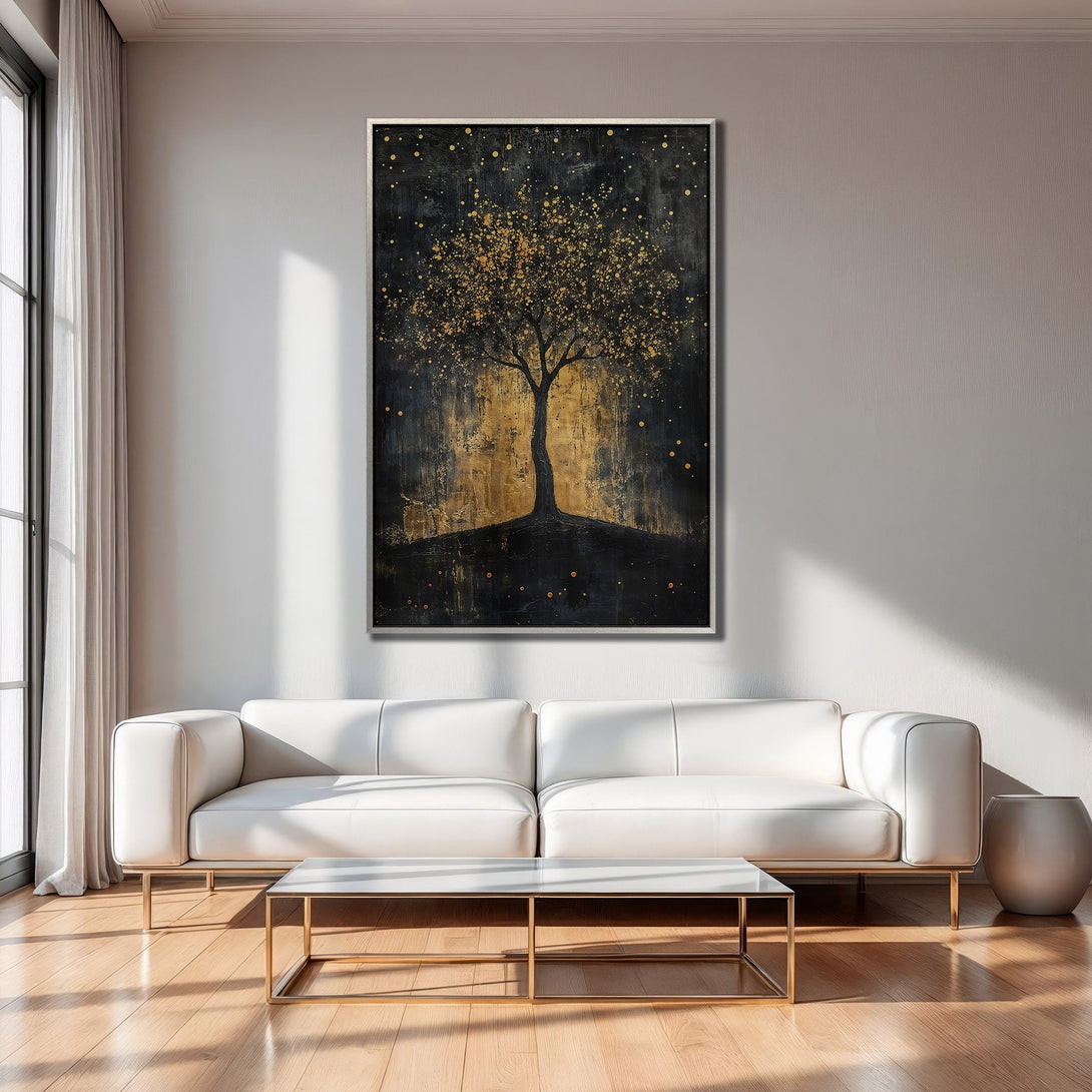 Framed Wall Art: Abstract tree art in black and gold, displayed in a modern living room. Adds a touch of elegance to any space.