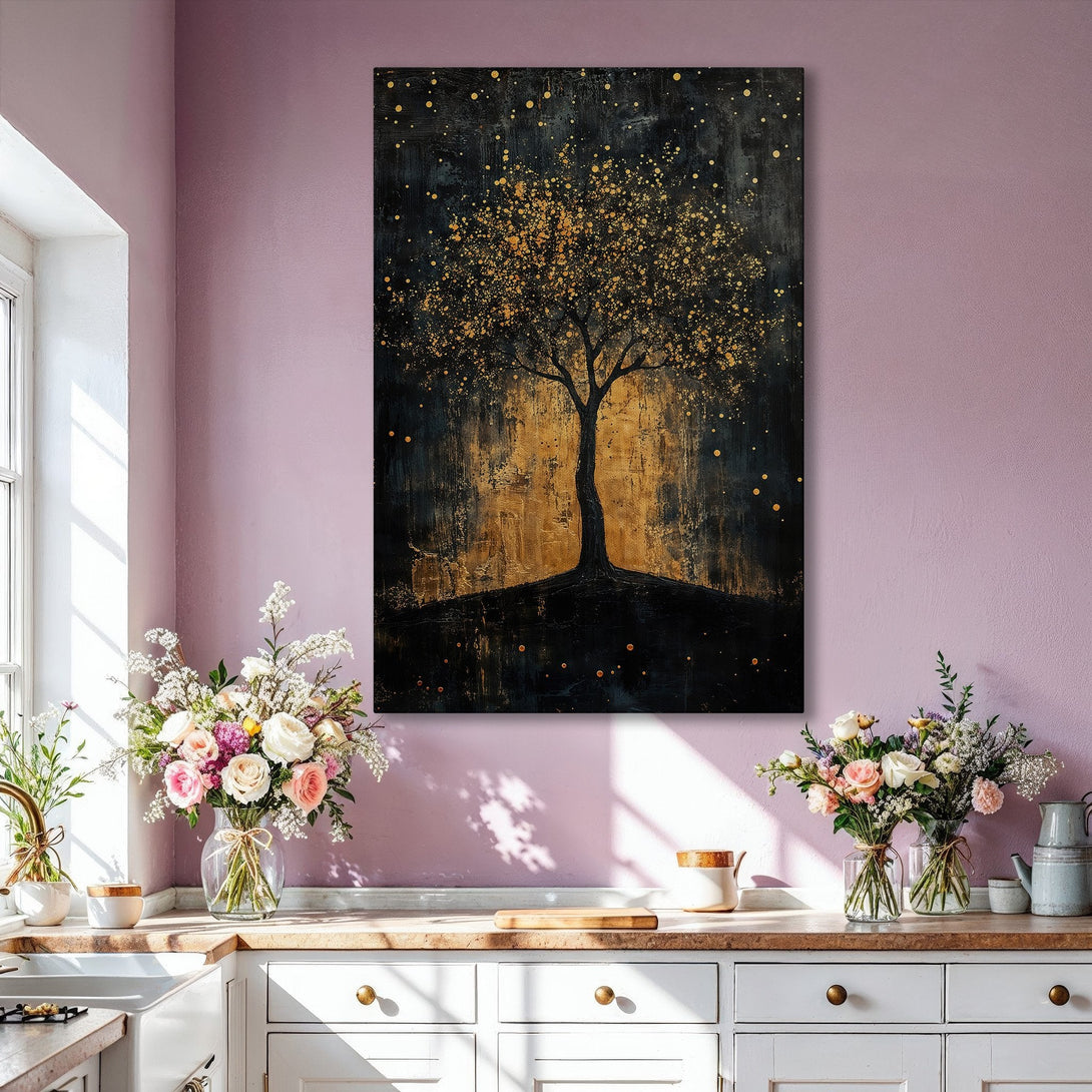 Framed Wall Art: Abstract gold tree on black background. Modern art canvas print in a luxurious living room setting. Black, gold, and neutral tones.