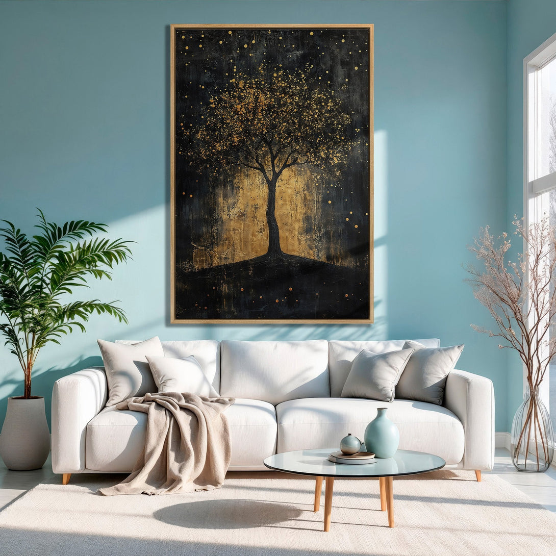 Framed Wall Art: Abstract gold tree on black canvas. Modern art for living room decor. Black, gold, and teal color palette.