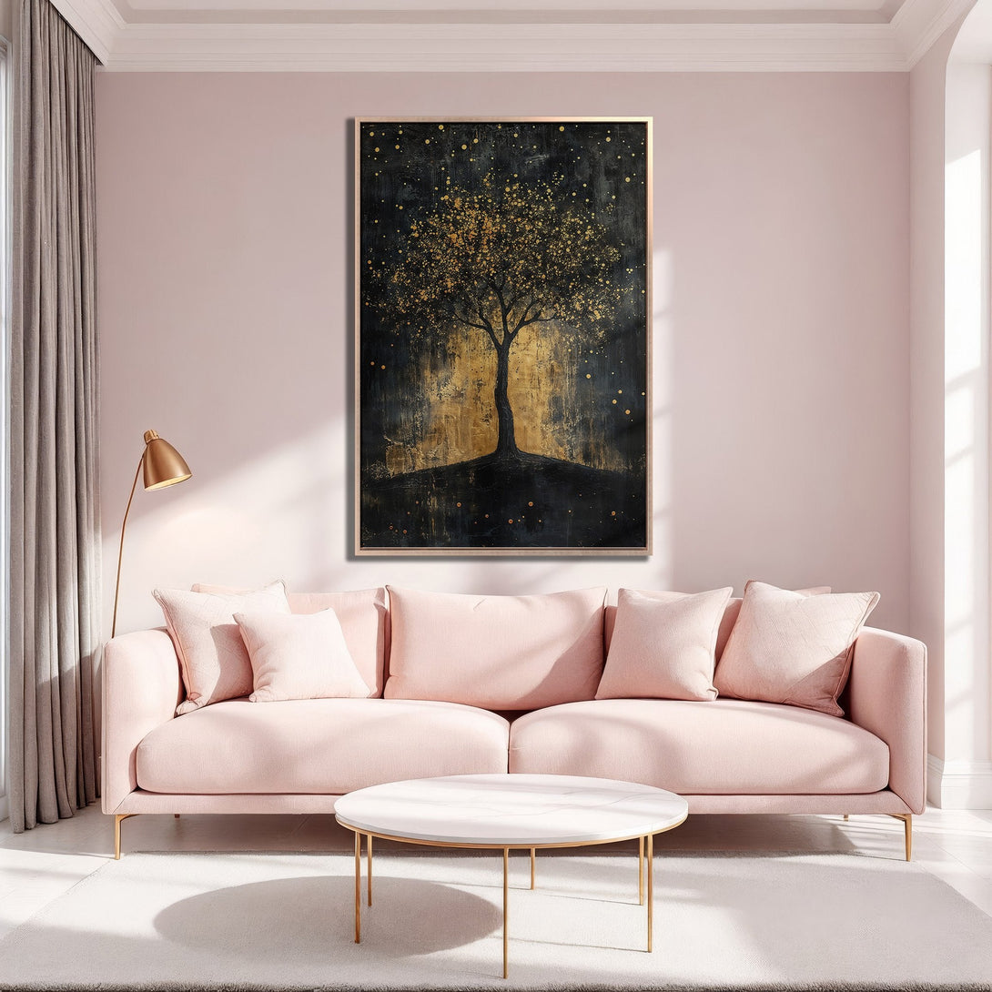 Framed Wall Art of a golden tree on a black background. Modern abstract art in a gold and black color palette. Perfect for adding elegance to any space.