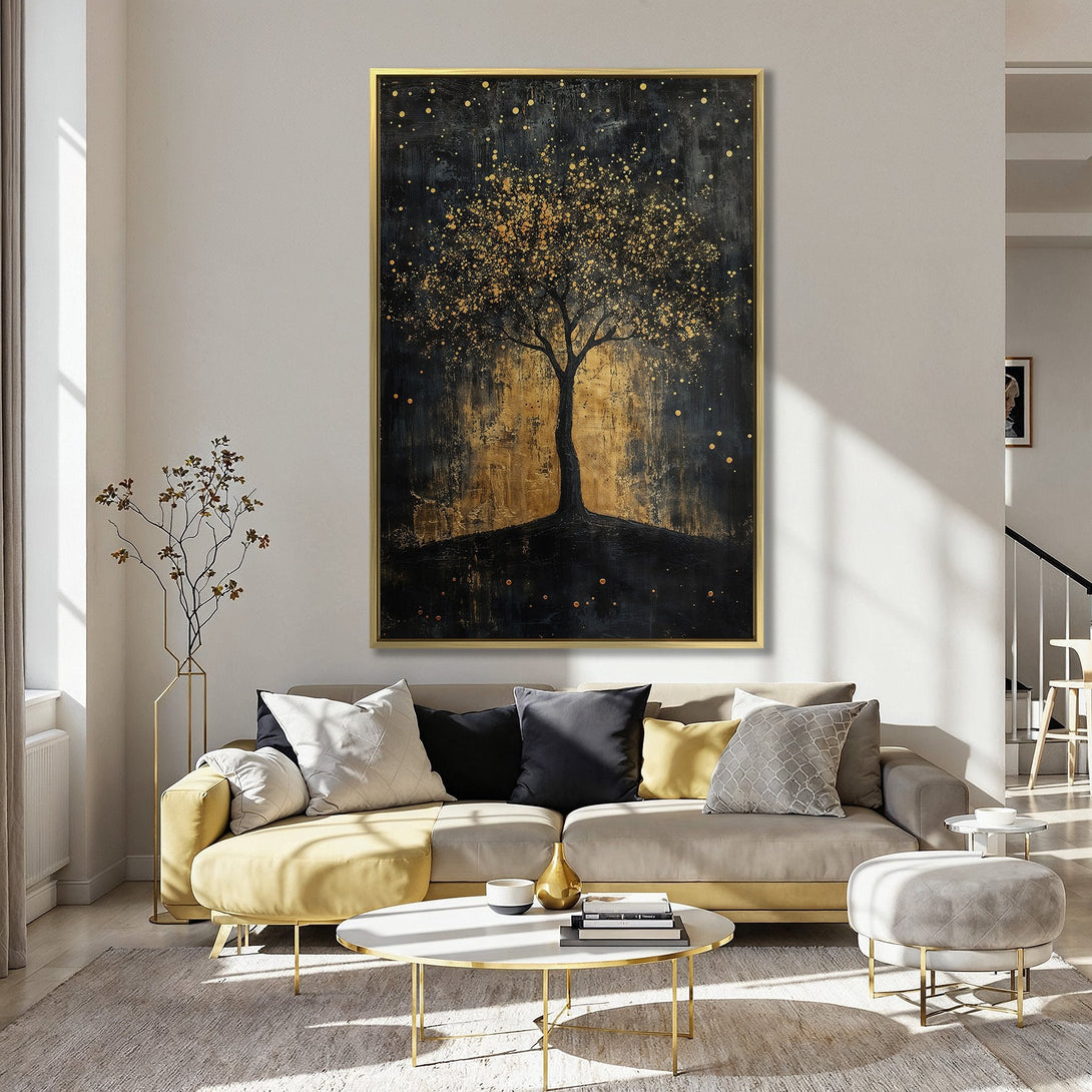 Canvas Print of a tree with gold accents, displayed in a kitchen. Abstract art style with a black, gold, and pink color palette. Perfect wall decor!