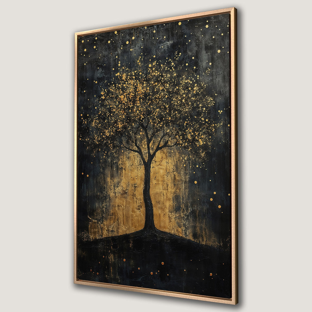 Framed Wall Art featuring an abstract tree in gold and black. Dramatic, modern art canvas print perfect for adding a touch of elegance to any space.