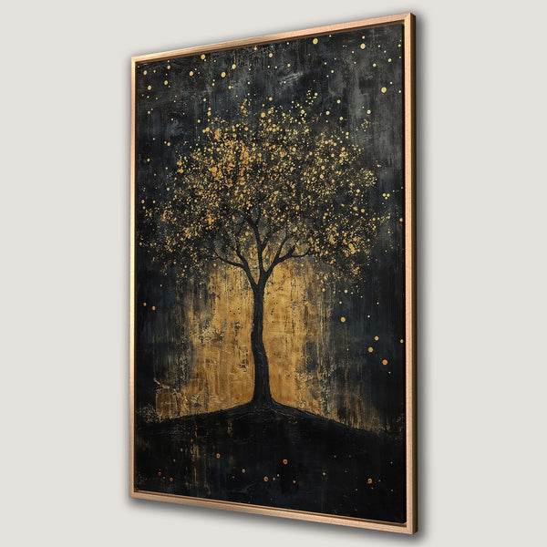 Framed Wall Art featuring an abstract tree in gold and black. Dramatic, modern art canvas print perfect for adding a touch of elegance to any space.