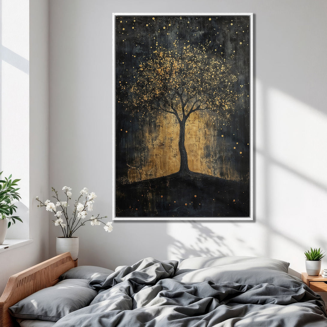 Framed Wall Art: Abstract tree art with gold accents on a dark background. Modern canvas print perfect for bedroom decor, featuring a gold and black color palette.