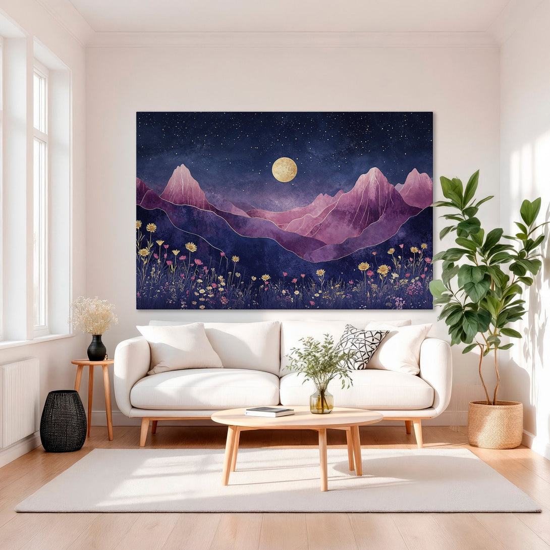 Framed Wall Art: Abstract mountain landscape Canvas Print in purple and gold. Modern art for living room decor.