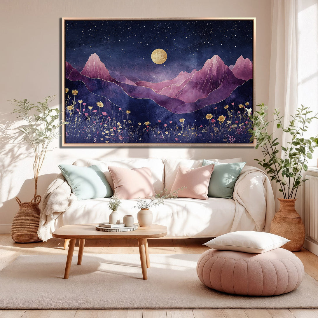 Framed Wall Art: Abstract mountain landscape Canvas Print in purple and blue hues. Adds a touch of nature-inspired elegance to any room.