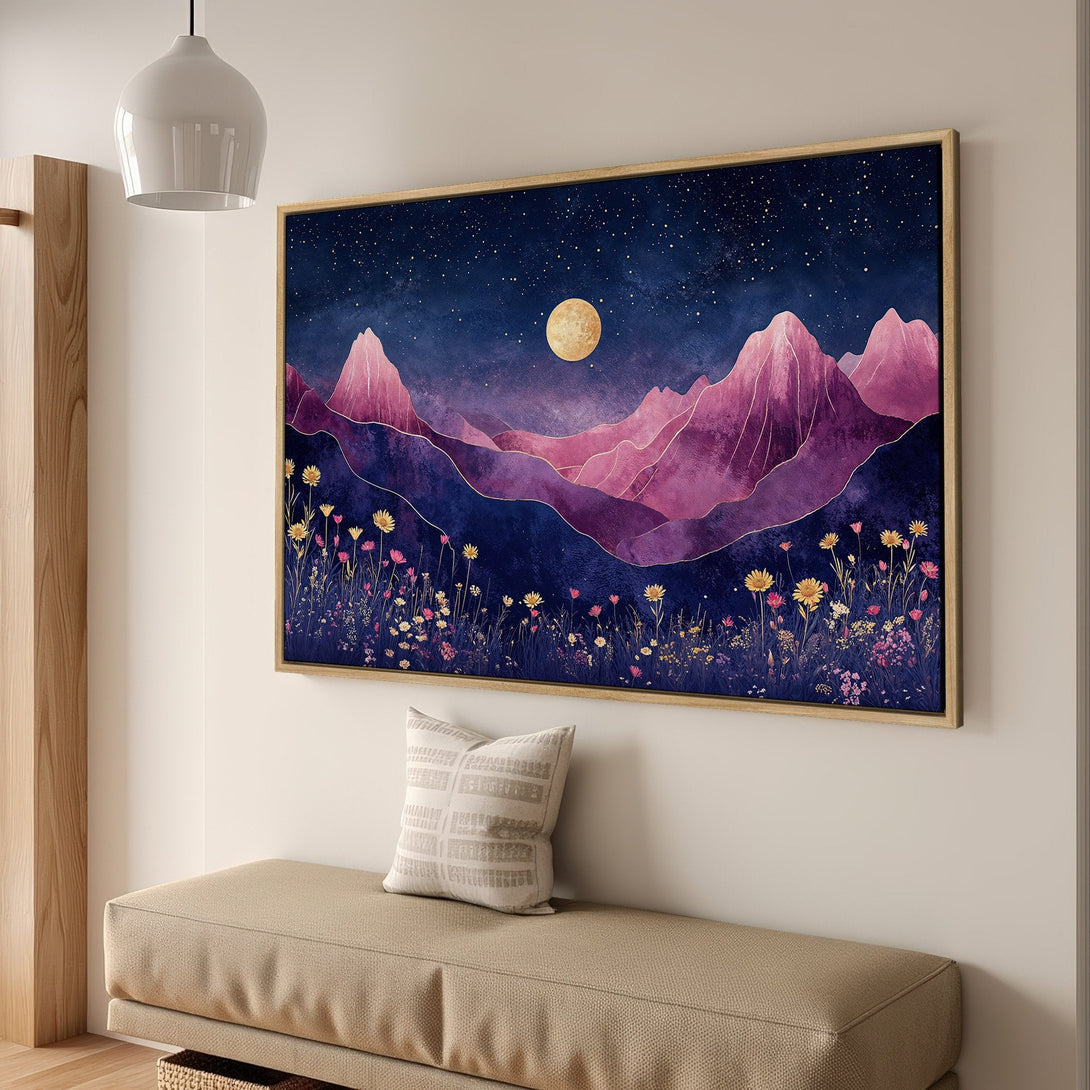 Framed Wall Art featuring a dreamy mountain landscape in purple and blue tones. Perfect for adding a touch of elegance to your home decor.