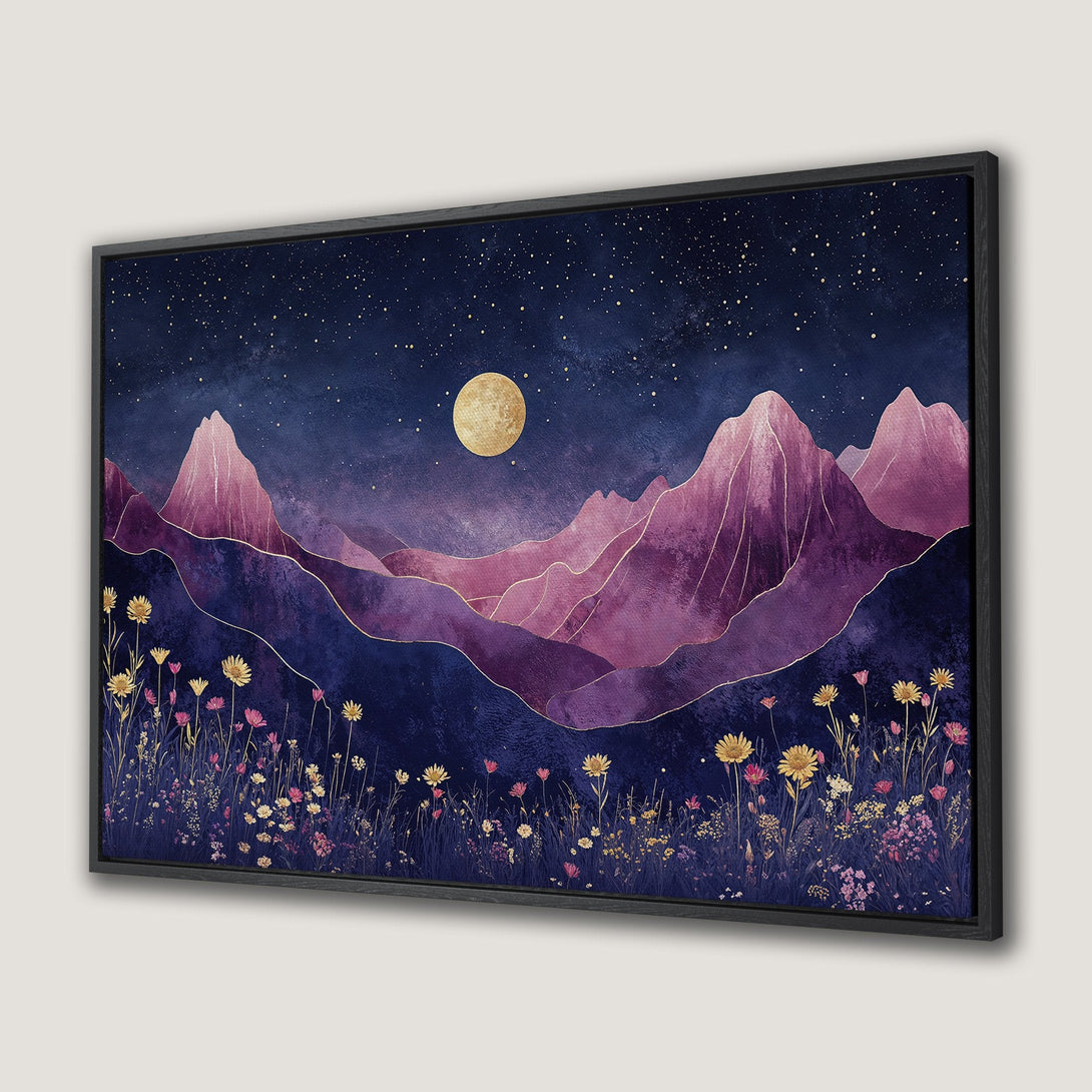 Framed Wall Art featuring a stylized mountain landscape with a starry night sky, in a purple, gold, and blue color palette. Perfect for home decor.