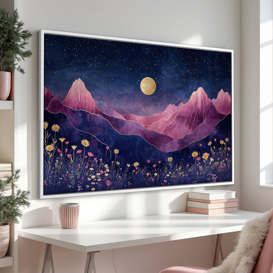 Framed Wall Art: Abstract mountain landscape in purple and gold tones. Modern Canvas Print adds serene beauty to any space.