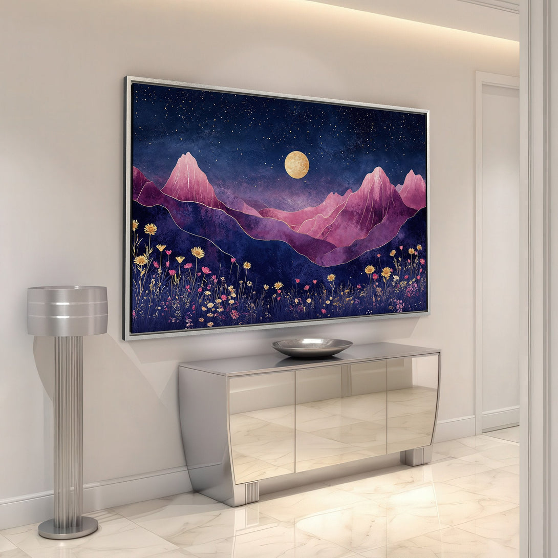 Framed Wall Art: Abstract mountain landscape Canvas Print in a modern interior. Features a dreamy night sky, pink & purple tones. Perfect for home decor.