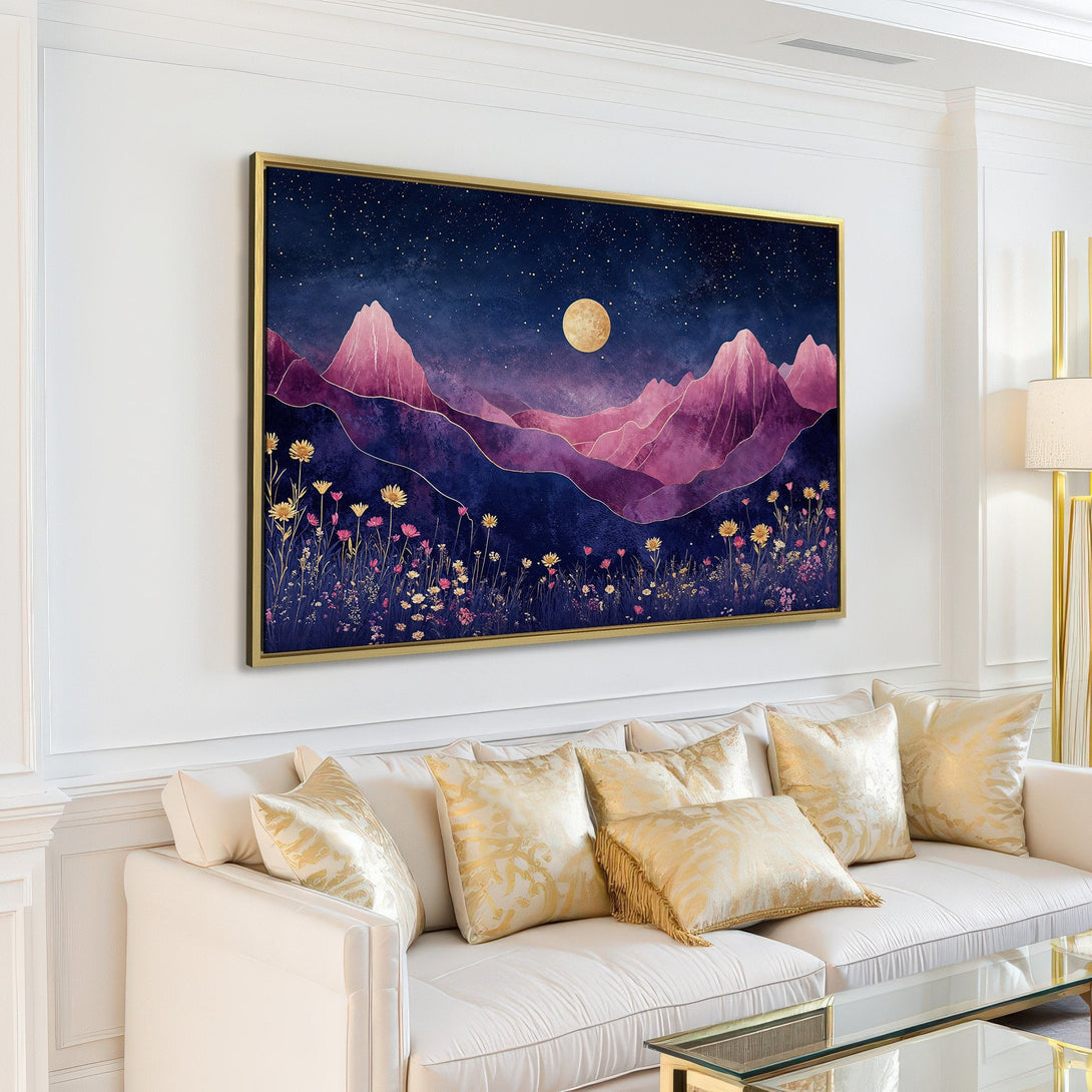 Canvas Print of a dreamy mountain landscape with a moon. Watercolor style in purple and gold hues. Perfect for modern home decor.