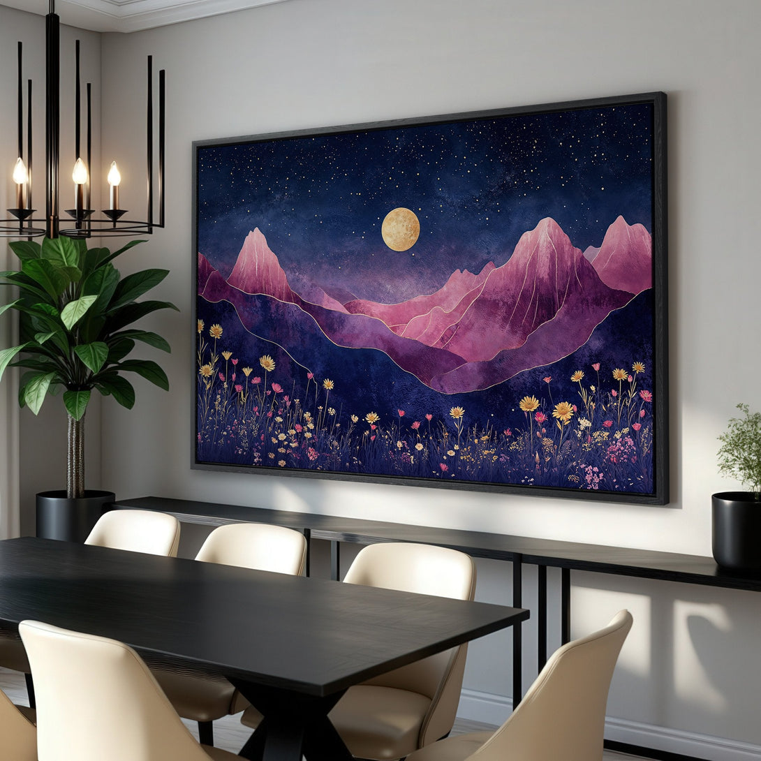 Framed Wall Art featuring a stylized mountain landscape in a dreamy, watercolor style. Rich blues, purples, and gold tones create a captivating focal point.