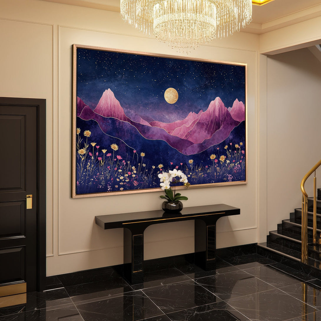 Framed Wall Art: Abstract mountain landscape in purple and blue hues. Modern Canvas Print adds elegance to any interior. Shop now!